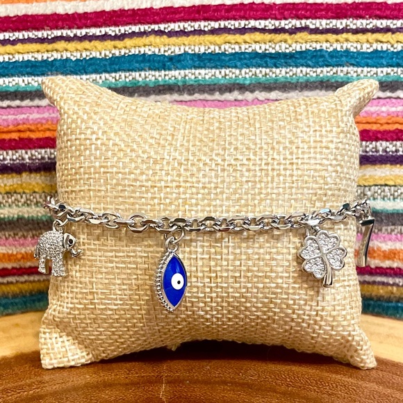 Lucky Charms Charm Bracelet |Evil Eye Shamrock Elephant Seven| White Gold Filled - Picture 6 of 9